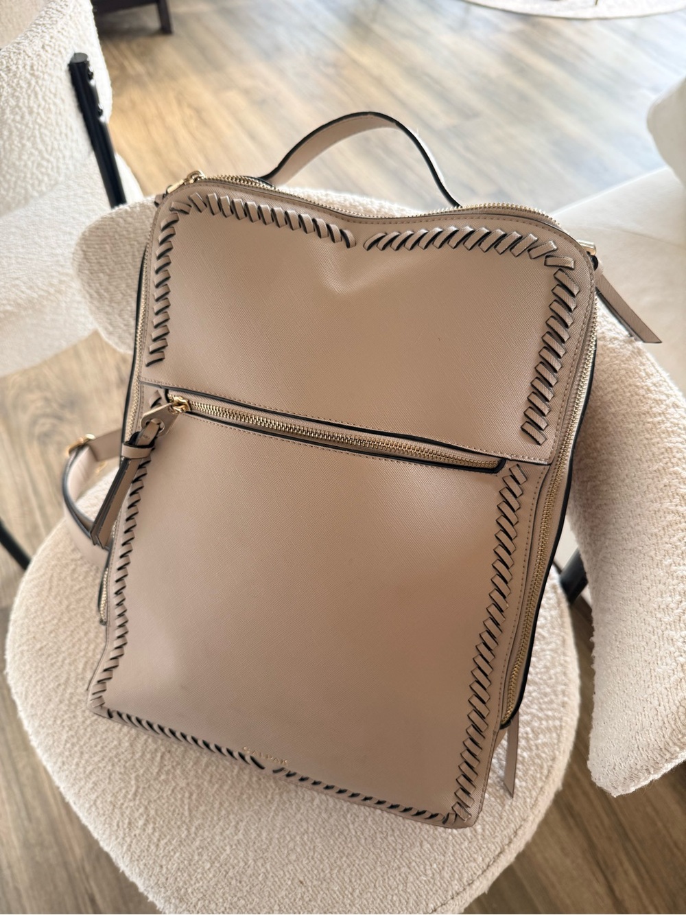 Calpak Taupe Leather Backpack with Whipstitch Trim